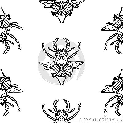 Insects, beetles with horns. Black and white graphic minimalistic design. Vector Illustration